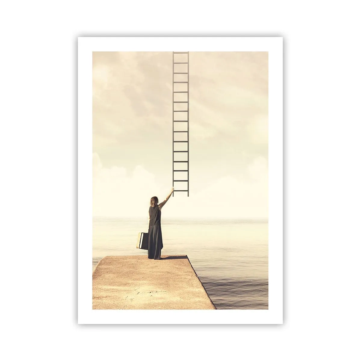 Poster - Una donna su un molo che cerca di raggiungere una scala che porta al paradiso - 50x70cm - Viaggio magico - Decorazione murale moderna per soggiorno e camera da letto ARTTOR