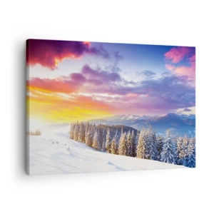 Quadro su tela - Stampe su Tela - Paesaggio invernale con montagne e foreste al tramonto - 70x50cm - Una bianca giornata - Decorazione murale moderna per soggiorno e camera da letto ARTTOR