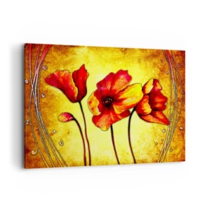 Quadro su tela - Stampe su Tela - Fiori rossi e gialli su sfondo oro con motivi decorativi - 100x70cm - Decorazione Art Nouveau - Decorazione murale moderna per soggiorno e camera da letto ARTTOR