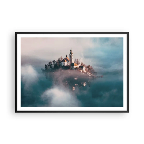 Poster in cornice nera - Un'isola pittoresca con una chiesa circondata dalla nebbia - 100x70cm - L'isola dei sogni - Decorazione murale moderna per soggiorno e camera da letto ARTTOR