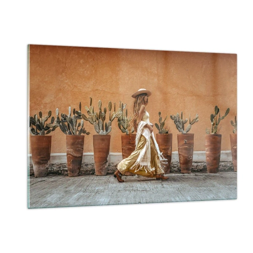 Quadro su vetro - Una donna in stile boho che cammina tra vasi di cactus. - 120x80cm - In stile hippy - Decorazione murale moderna per soggiorno e camera da letto ARTTOR