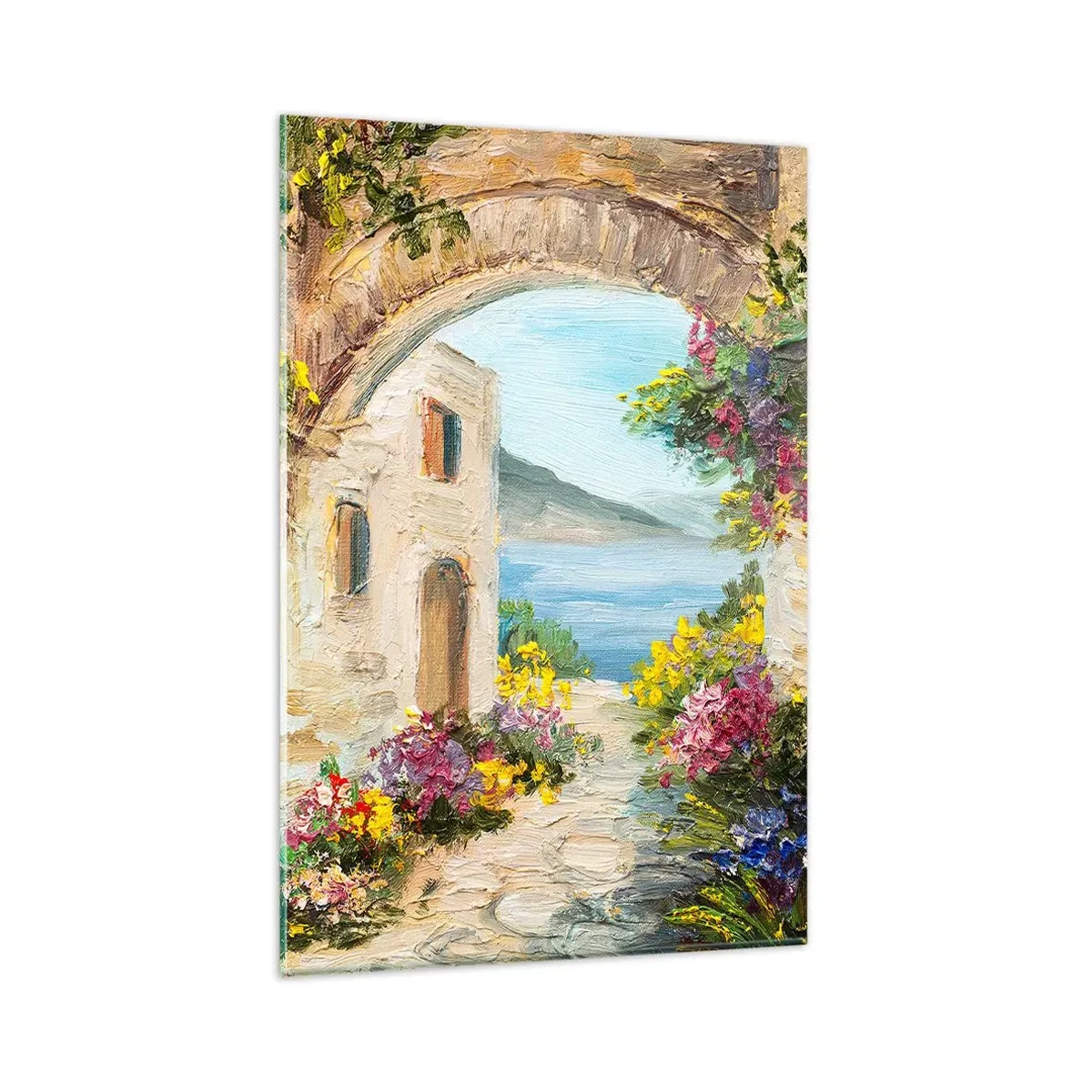 Quadro su vetro - Paesaggio marino con edifici in pietra e fiori - 80x120cm - La bellezza della provincia costiera - Decorazione murale moderna per soggiorno e camera da letto ARTTOR