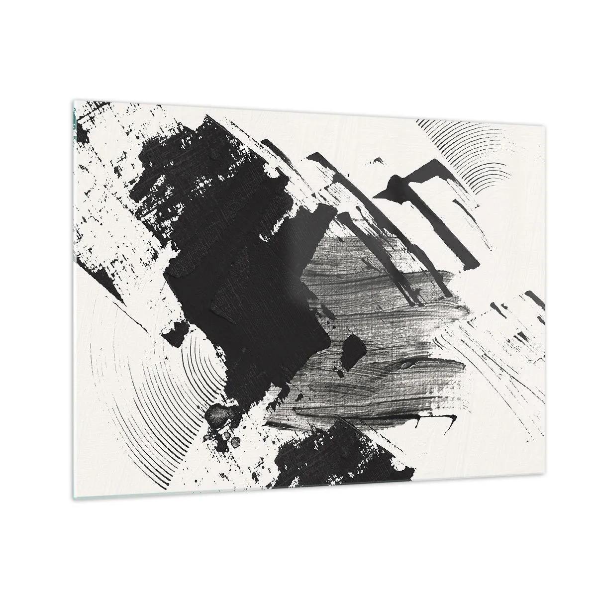Quadro su vetro - Astrazione espressiva in bianco e nero con tratti dinamici. - 70x50cm - Astrazione: espressione di nero - Decorazione murale moderna per soggiorno e camera da letto ARTTOR