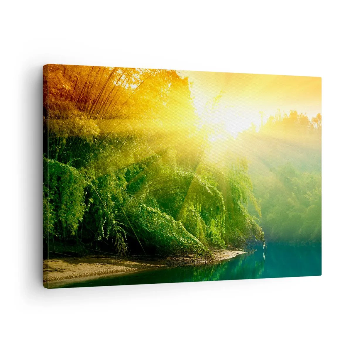 Quadro su tela - Stampe su Tela - Una foresta verde in riva al fiume, illuminata dai raggi del sole nascente - 70x50cm - Immergersi nel sole e nell'ombra - Decorazione murale moderna per soggiorno e camera da letto ARTTOR