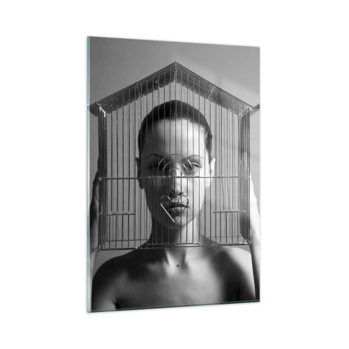Quadro su vetro - Donna con una gabbia a forma di casa sul viso in bianco e nero - 50x70cm - Ritratto un po' surreale - Decorazione murale moderna per soggiorno e camera da letto ARTTOR