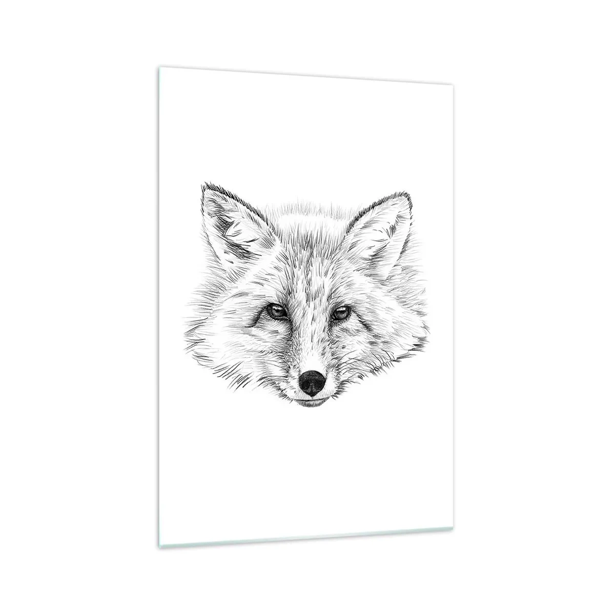 Quadro su vetro - Disegno in bianco e nero di una testa di volpe su sfondo bianco - 70x100cm - Questi occhi possono mentire? - Decorazione murale moderna per soggiorno e camera da letto ARTTOR