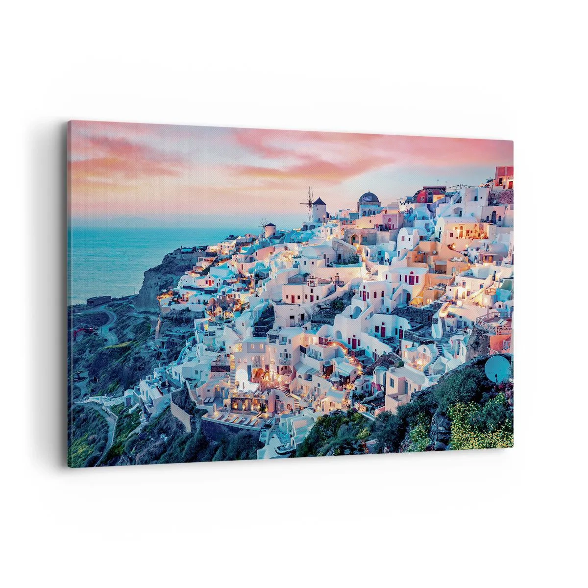 Quadro su tela - Stampe su Tela - Santorini al tramonto con edifici bianchi sulla collina - 100x70cm - La tua grossa vacanza greca - Decorazione murale moderna per soggiorno e camera da letto ARTTOR