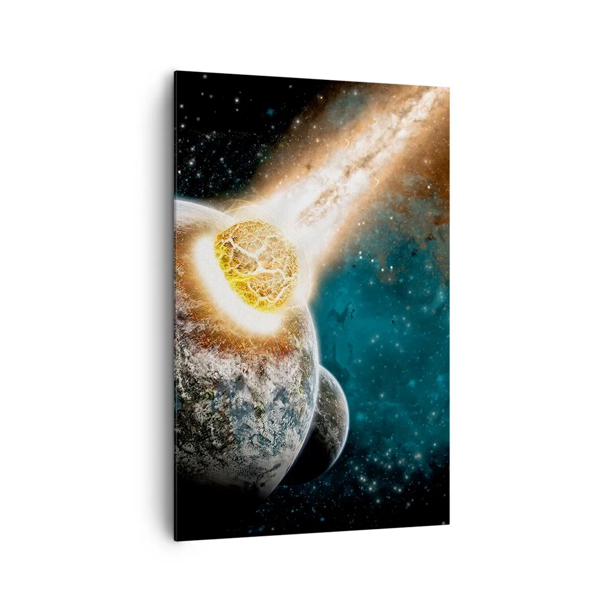 Quadro su tela - Stampe su Tela - Collisione cosmica di un pianeta con un asteroide nelle vicinanze della galassia. - 80x120cm - Estinzione o nascita? - Decorazione murale moderna per soggiorno e camera da letto ARTTOR