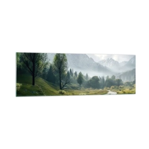 Quadro su vetro - Un paesaggio montano con un fiume e alberi circondati da montagne nebbiose - 160x50cm - Andata e ritorno - Decorazione murale moderna per soggiorno e camera da letto ARTTOR