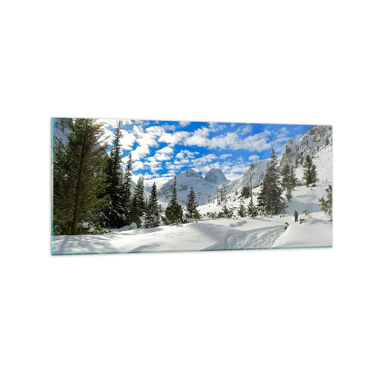 Quadro su vetro - Paesaggio montano invernale con foresta e sentiero nella neve - 120x50cm - Nella neve e nel sole - Decorazione murale moderna per soggiorno e camera da letto ARTTOR