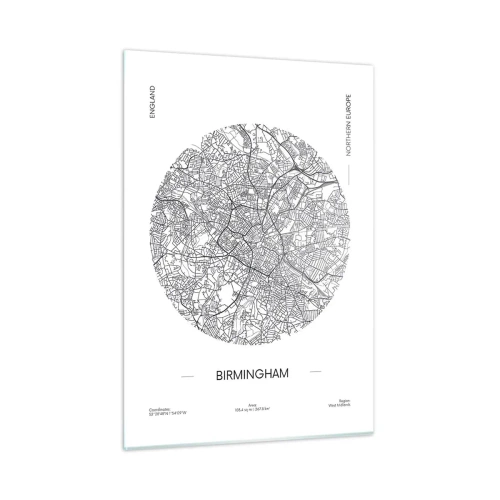 Quadro su vetro - Mappa in bianco e nero di Birmingham in uno stile grafico moderno - 50x70cm - Anatomia di Birmingham - Decorazione murale moderna per soggiorno e camera da letto ARTTOR