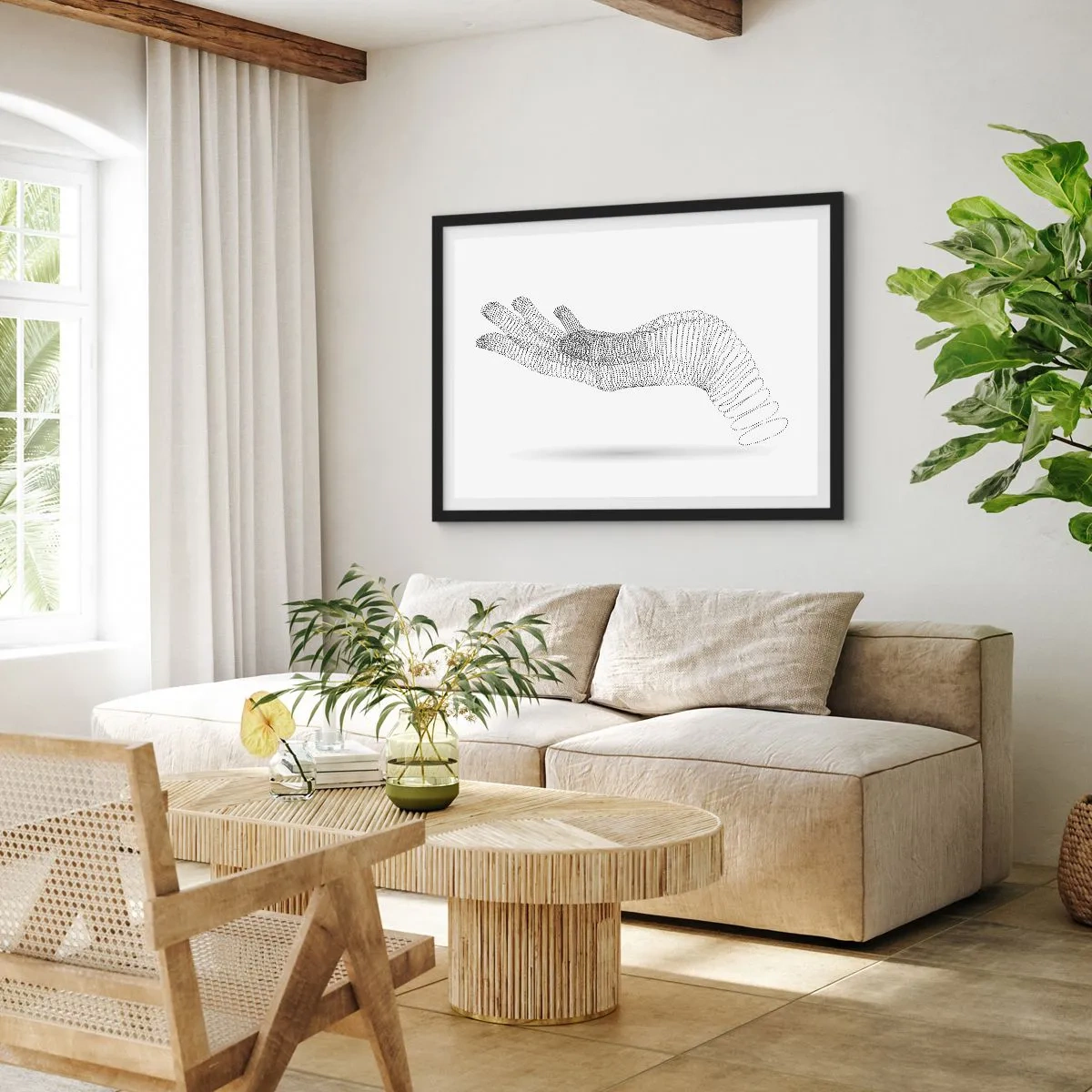 Poster in cornice nera - Un'illustrazione minimalista di una mano composta da punti neri su sfondo bianco. - 100x70cm - Mano elastica - Decorazione murale moderna per soggiorno e camera da letto ARTTOR