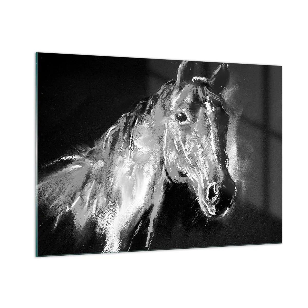 Quadro su vetro - Ritratto di un cavallo nei toni del bianco e nero su sfondo scuro - 100x70cm - Splendore di un'anima nobile - Decorazione murale moderna per soggiorno e camera da letto ARTTOR