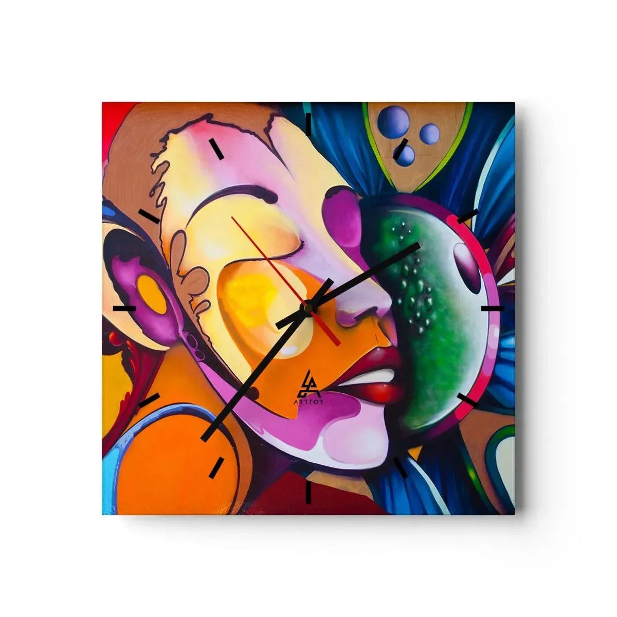 Orologio da parete - Orologio in Vetro - Un'astrazione colorata con un motivo facciale in una composizione dinamica - 30x30cm - Toccare con il colore - Decorazione murale moderna per soggiorno e camera da letto ARTTOR