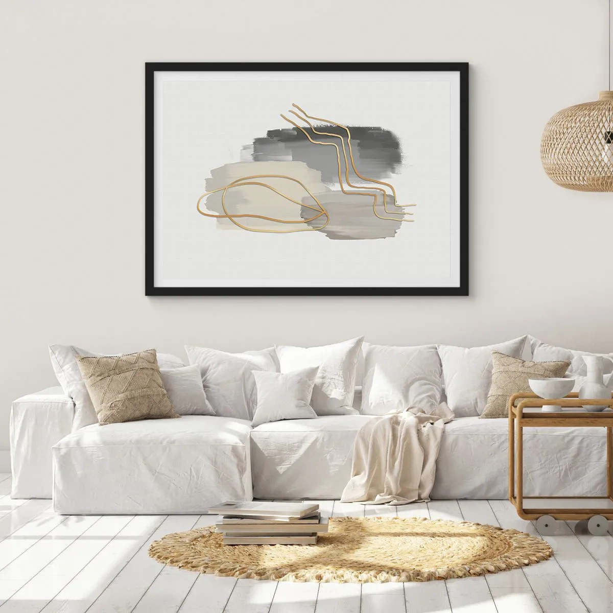 Poster in cornice nera - Linee dorate astratte su sfondo grigio - 70x50cm - Durata e movimento - Decorazione murale moderna per soggiorno e camera da letto ARTTOR