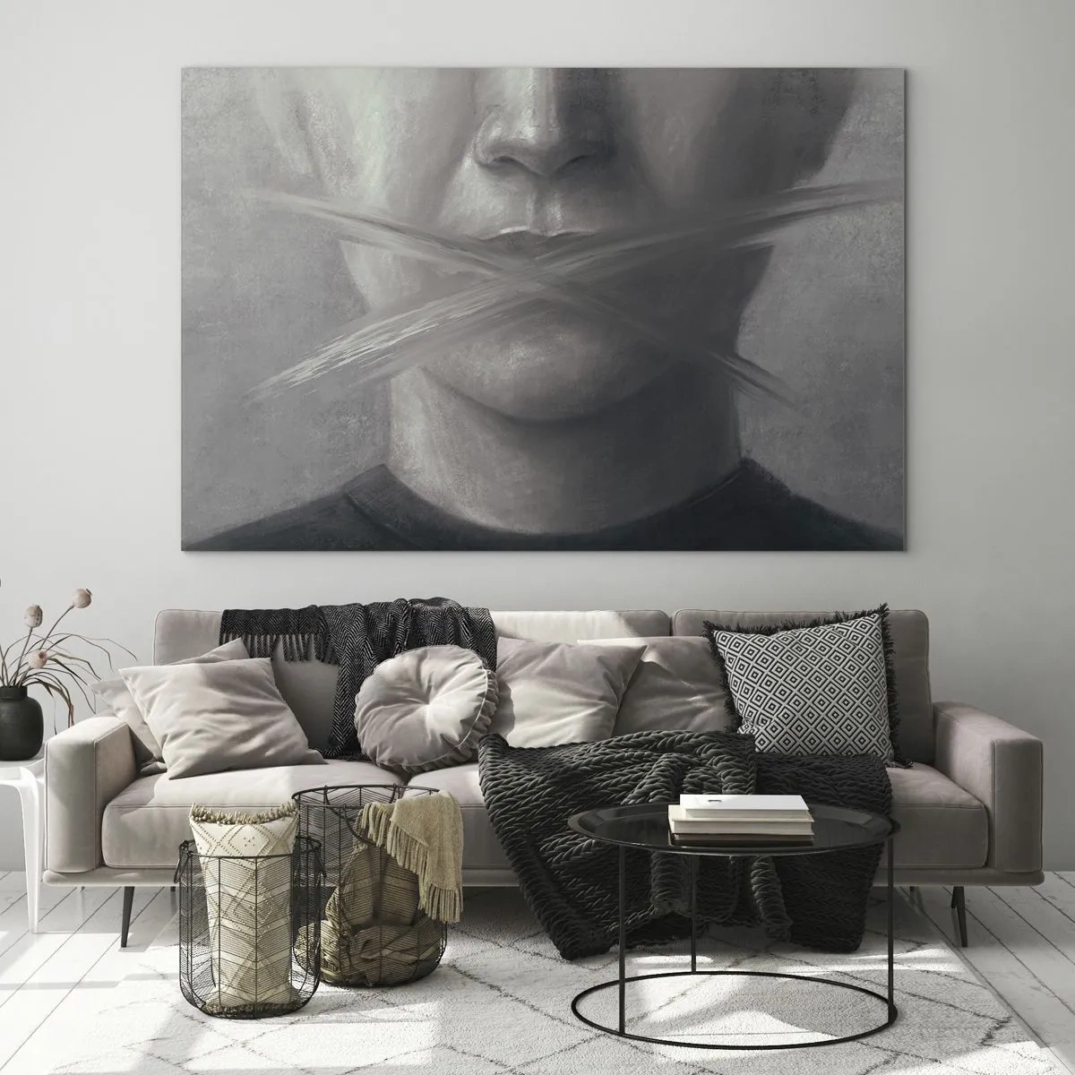 Quadro su vetro - Ritratto di una persona con le labbra macchiate in tonalità di grigio - 100x70cm - Neanche una parola - Decorazione murale moderna per soggiorno e camera da letto ARTTOR
