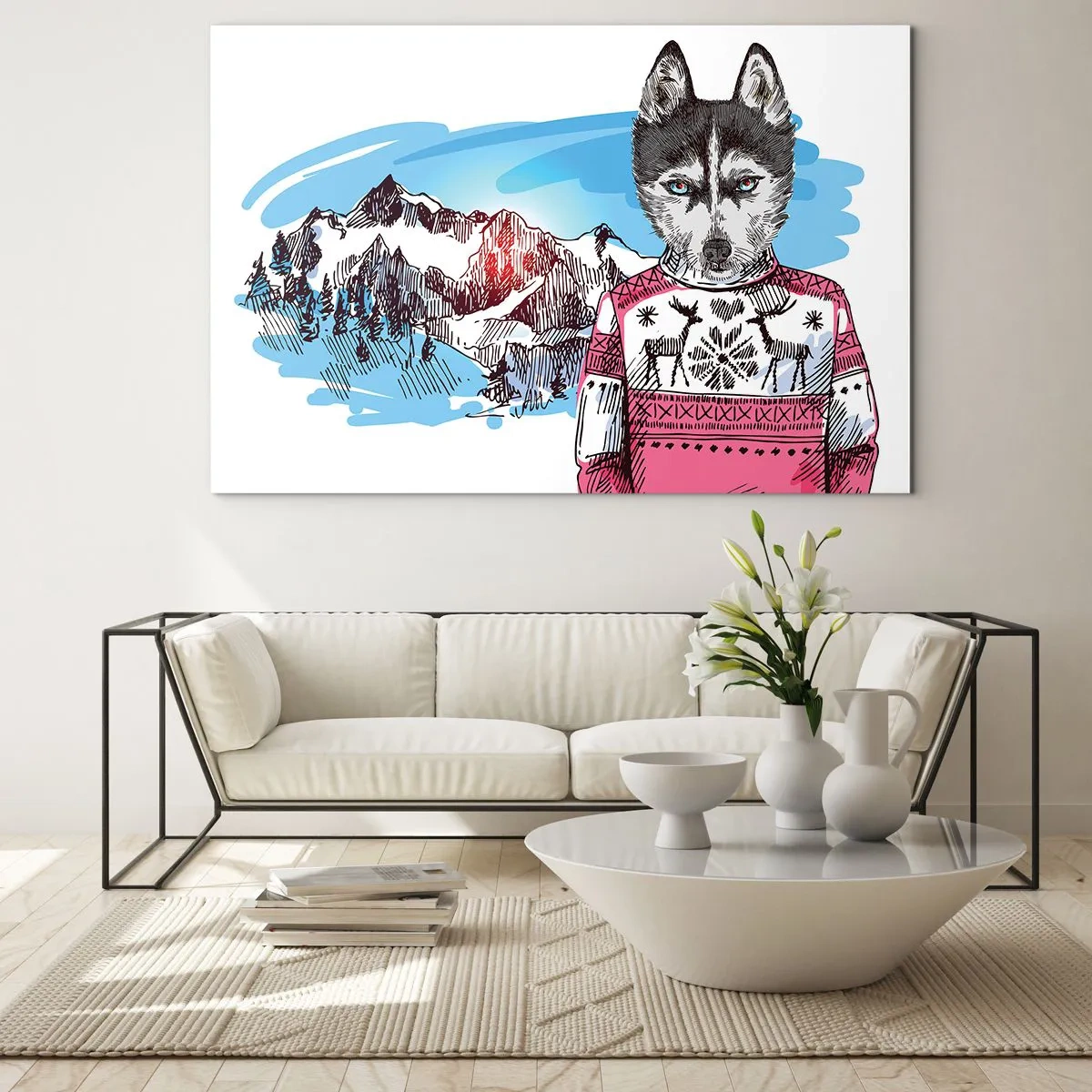 Quadro su vetro - Husky con un maglione e montagne sullo sfondo - 100x70cm - Lupo con lana di pecora - Decorazione murale moderna per soggiorno e camera da letto ARTTOR