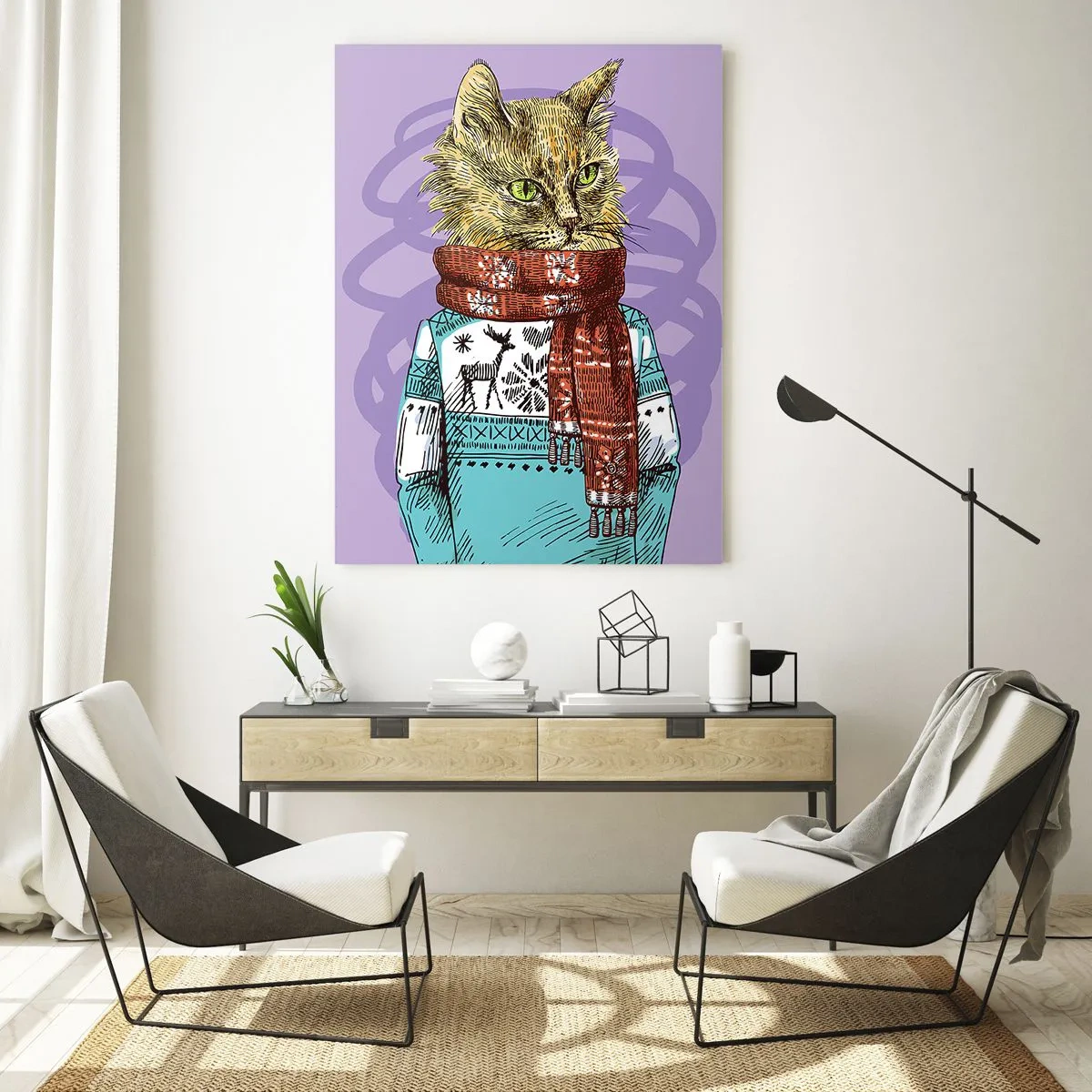 Quadro su vetro - Un gatto con un maglione e una sciarpa su uno sfondo viola - 50x70cm - Un gatto non solo con gli stivali - Decorazione murale moderna per soggiorno e camera da letto ARTTOR