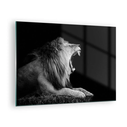 Quadro su vetro - Ritratto in bianco e nero di un leone che ruggisce contro un'ombra - 70x50cm - Senza alcun dubbio - Decorazione murale moderna per soggiorno e camera da letto ARTTOR
