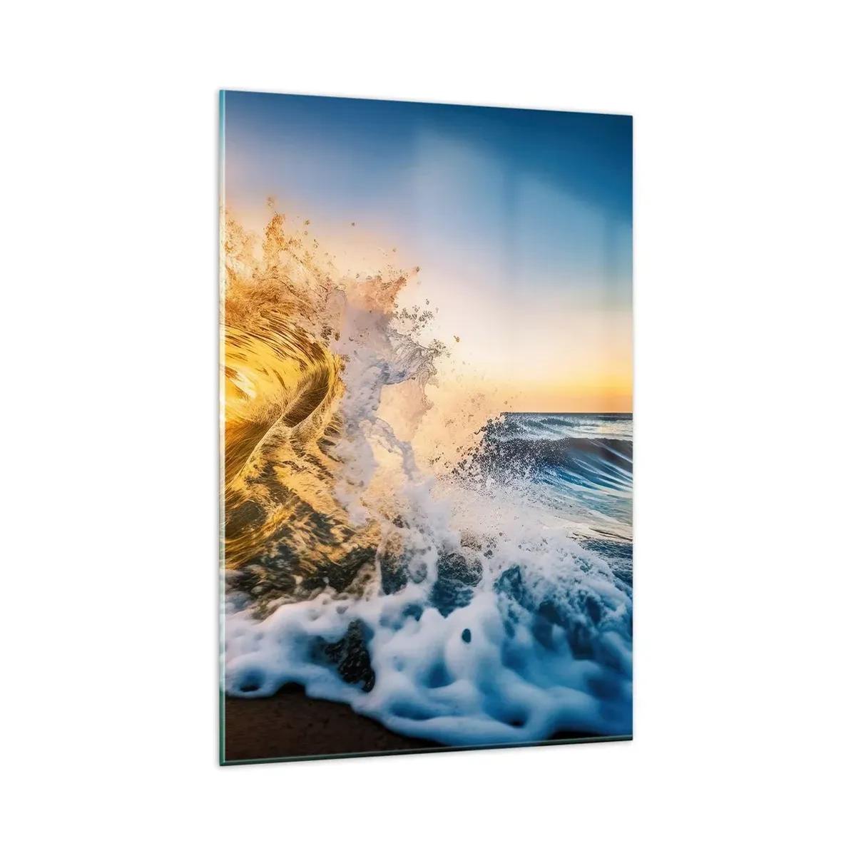 Quadro su vetro - Un'onda dorata sullo sfondo del sole al tramonto - 80x120cm - Gioco sulla sabbia - Decorazione murale moderna per soggiorno e camera da letto ARTTOR