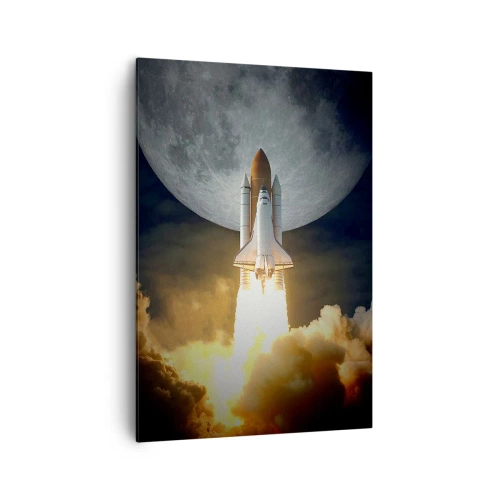 Quadro su tela - Stampe su Tela - Un razzo che decolla sullo sfondo della luna piena circondata da nuvole dinamiche. - 70x100cm - L'inizio di un'avventura spaziale - Decorazione murale moderna per soggiorno e camera da letto ARTTOR