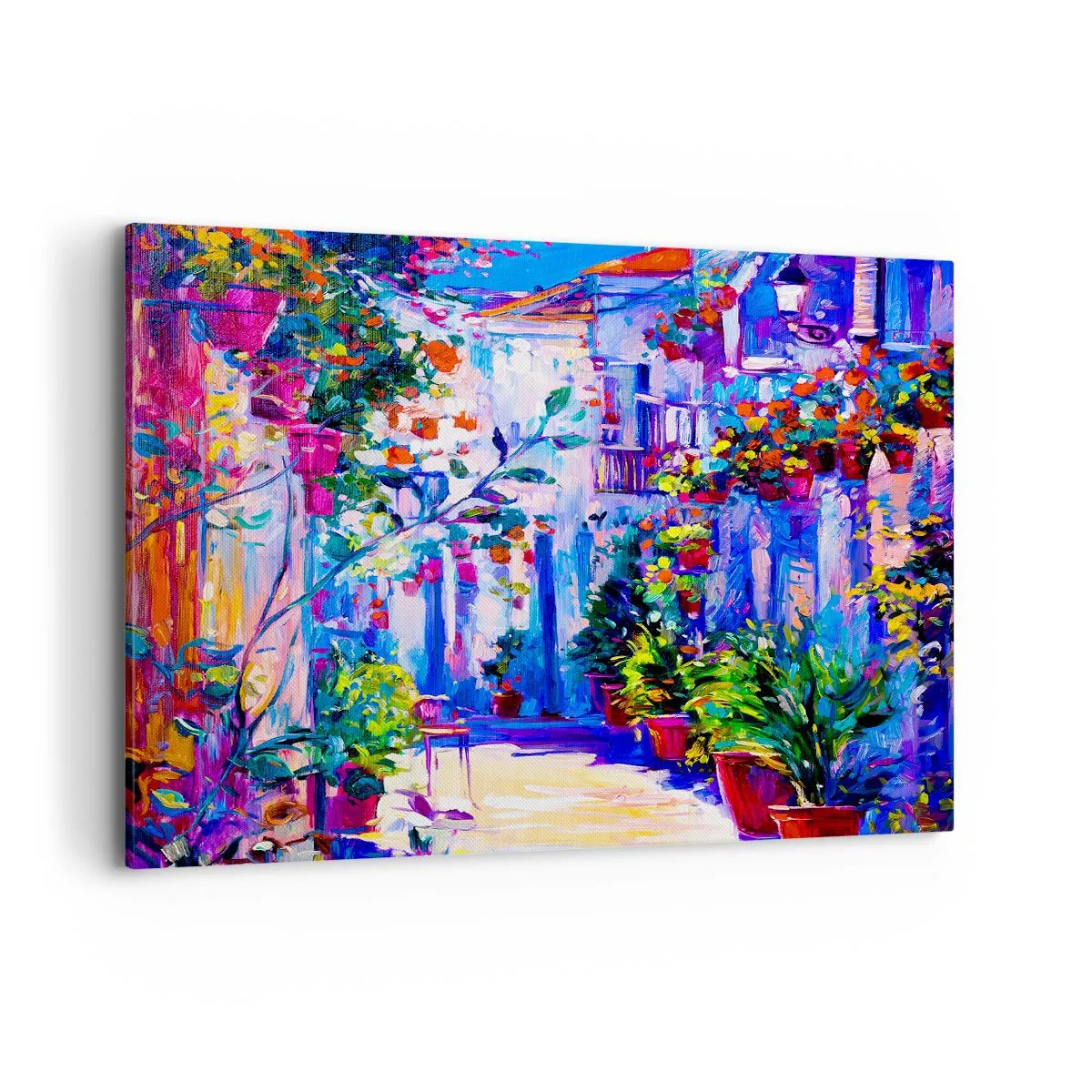 Quadro su tela - Stampe su Tela - Una strada colorata piena di fiori - 120x80cm - Impressionismo: stradina italiana - Decorazione murale moderna per soggiorno e camera da letto ARTTOR