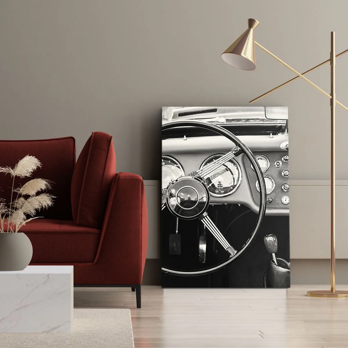 Quadro su tela - Stampe su Tela - Interni di auto d'epoca in bianco e nero - 70x100cm - Il sogno del collezionista - Decorazione murale moderna per soggiorno e camera da letto ARTTOR