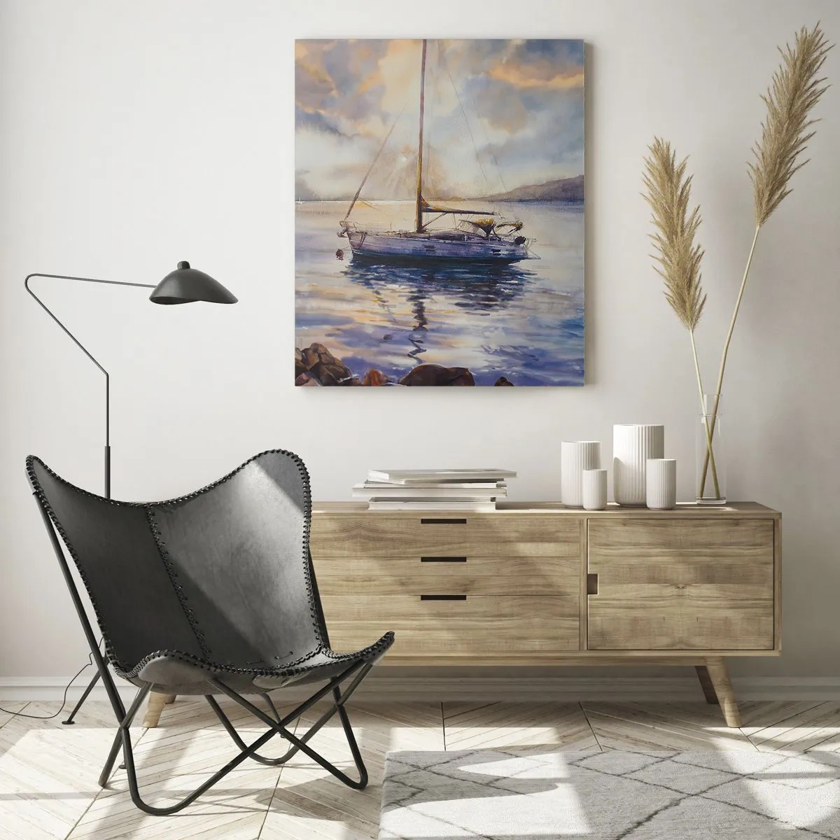 Quadro su vetro - Uno yacht ormeggiato in una baia tranquilla al tramonto - 50x70cm - La sera nel golfo - Decorazione murale moderna per soggiorno e camera da letto ARTTOR