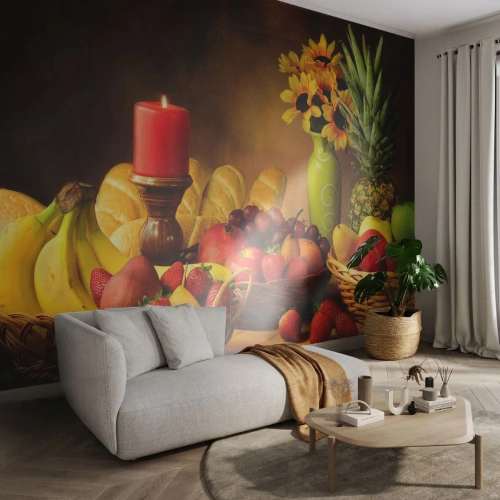Fotomurali Premium Canvas - Natura morta con pane e frutta - Gastronomia, Fiori, Frutta - 300x210 cm