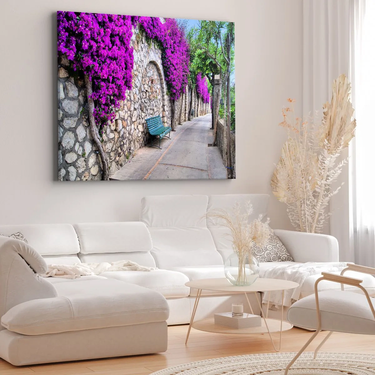 Quadro su tela - Stampe su Tela - Un sentiero in pietra con una panchina e fiori viola in fiore - 120x80cm - Incontriamoci al più presto - Decorazione murale moderna per soggiorno e camera da letto ARTTOR