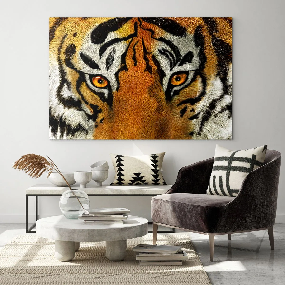 Quadro su vetro - Primo piano dello sguardo intenso della tigre - 100x70cm - Minacciosa e bella - Decorazione murale moderna per soggiorno e camera da letto ARTTOR