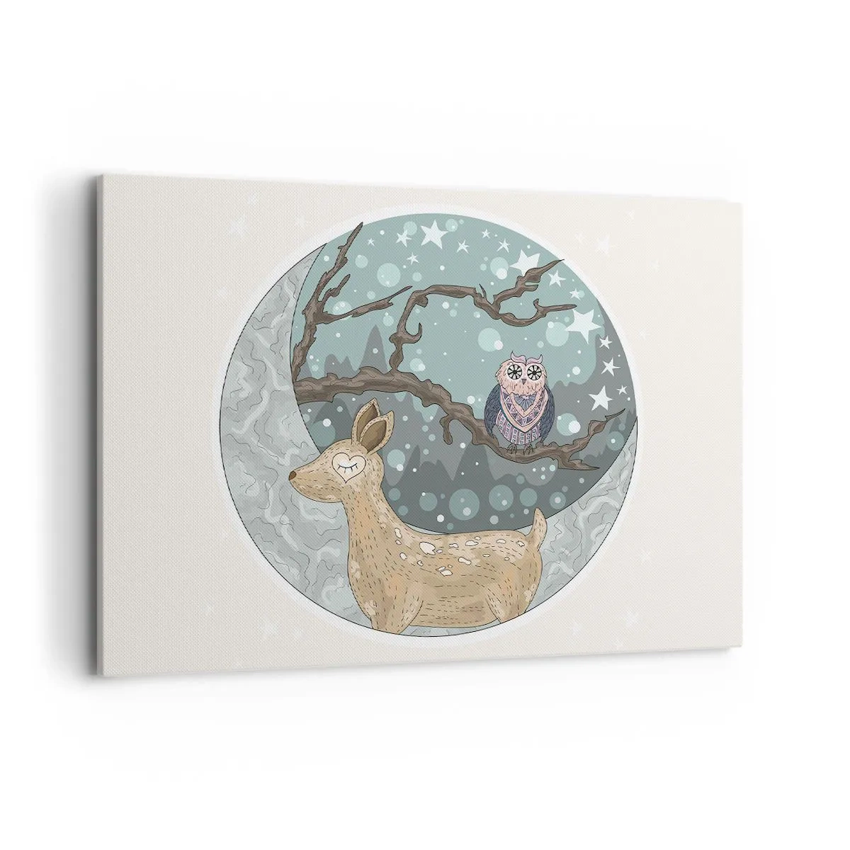 Quadro su tela - Stampe su Tela - Un cervo e un gufo in un paesaggio notturno da favola - 100x70cm - Notte fiabesca nel bosco - Decorazione murale moderna per soggiorno e camera da letto ARTTOR
