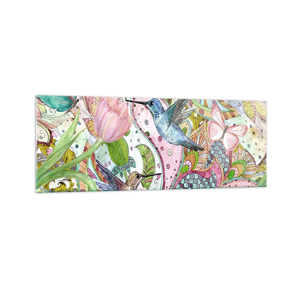 Quadro su vetro - Colibrì e farfalle colorati tra le piante - 140x50cm - Intrecciate nei rami - Decorazione murale moderna per soggiorno e camera da letto ARTTOR