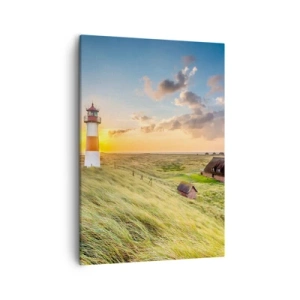 Quadro su tela - Stampe su Tela - Un faro con prati e case al sole sullo sfondo - 50x70cm - Tra le onde - Decorazione murale moderna per soggiorno e camera da letto ARTTOR