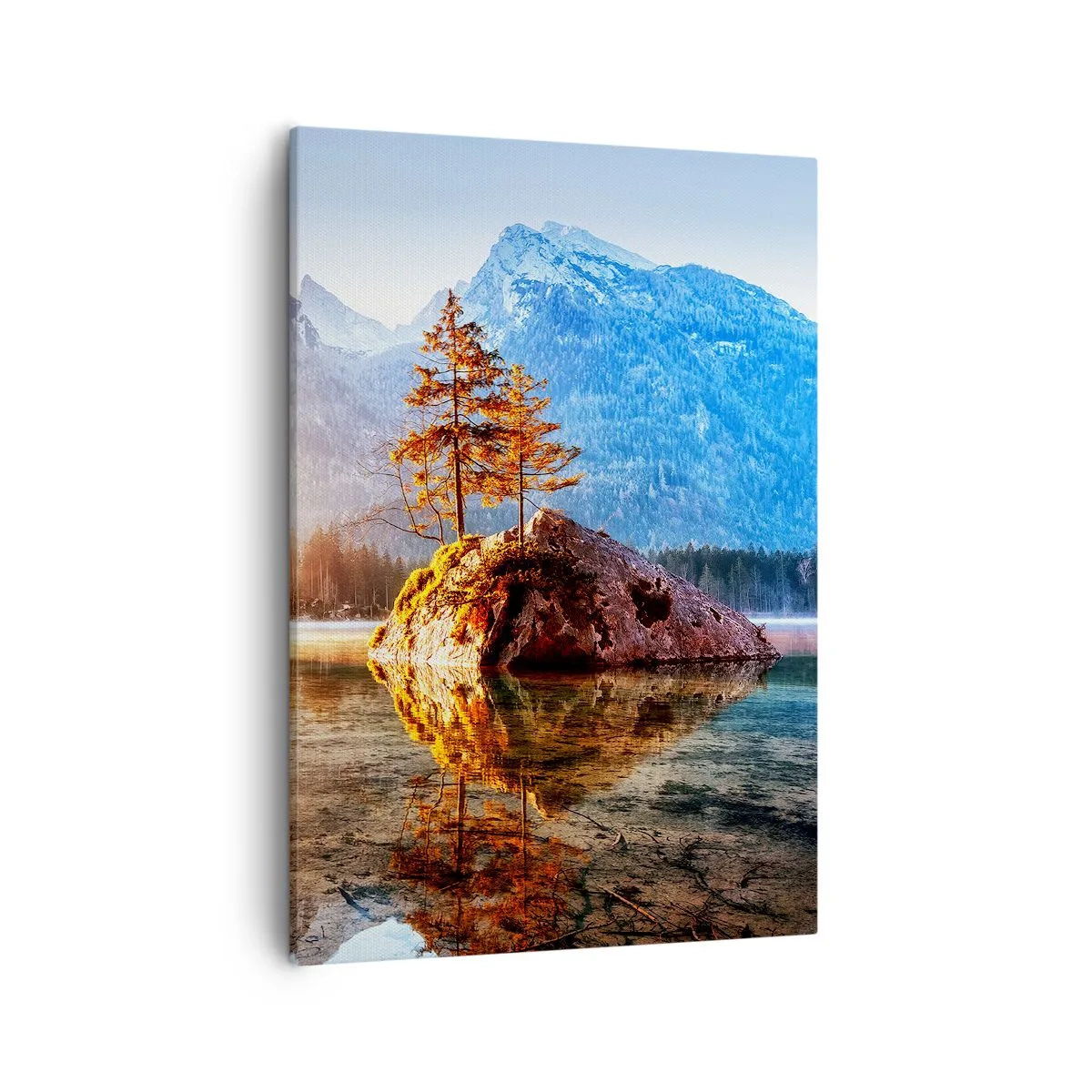 Quadro su tela - Stampe su Tela - Un lago con isole e montagne sullo sfondo all'alba - 50x70cm - La natura in una nuova luce - Decorazione murale moderna per soggiorno e camera da letto ARTTOR