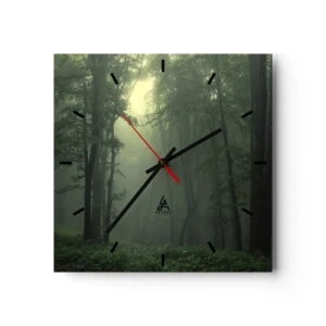 Orologio da parete - Orologio in Vetro - Una foresta verde al mattino avvolta in una delicata nebbia - 30x30cm - Prima che si svegli - Decorazione murale moderna per soggiorno e camera da letto ARTTOR