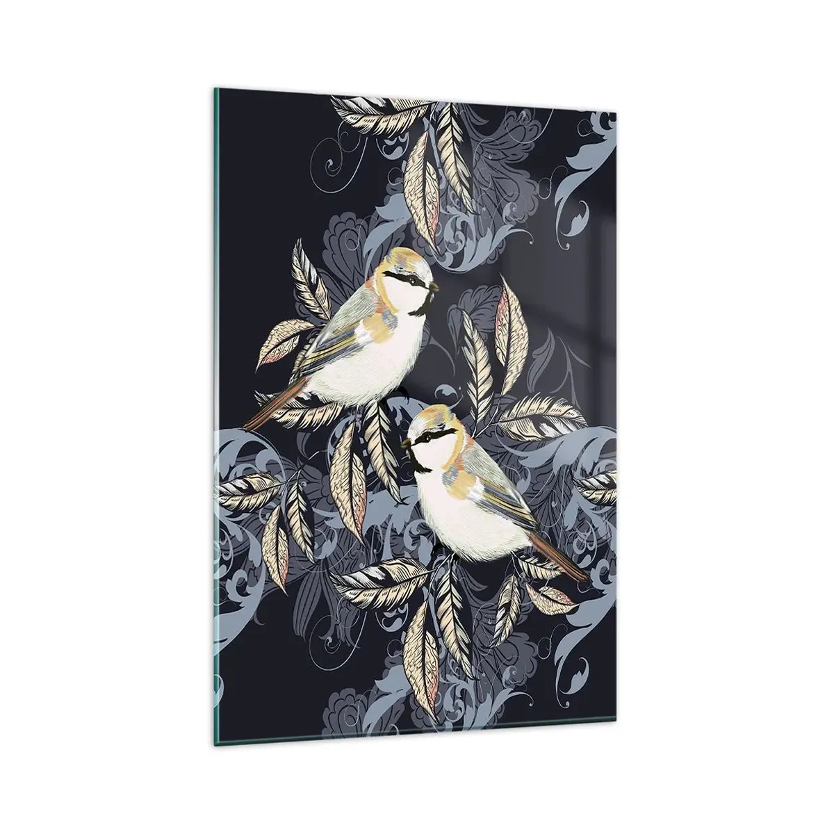 Quadro su vetro - Uccelli sui rami in uno sfondo ornamentale - 80x120cm - Cinguettio oro e blu - Decorazione murale moderna per soggiorno e camera da letto ARTTOR