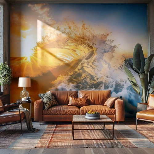 Fotomurali Premium Sand - Un'onda dorata che si infrange sulla riva al tramonto - 100x70cm - Gioco sulla sabbia - Decorazione murale moderna per soggiorno e camera da letto ARTTOR