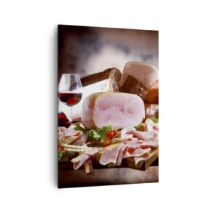 Quadro su tela - Stampe su Tela - Affettati con vino su sfondo rustico - 70x100cm - Sogno culinario con caraffa - Decorazione murale moderna per soggiorno e camera da letto ARTTOR