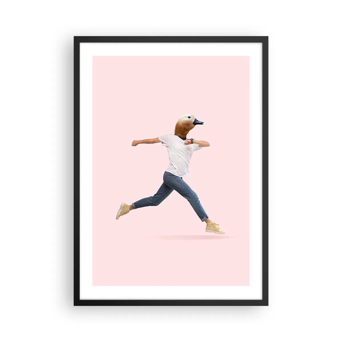 Poster in cornice nera - Una figura che corre con la testa di un uccello su uno sfondo rosa - 50x70cm - Un pizzico di assurdo - Decorazione murale moderna per soggiorno e camera da letto ARTTOR
