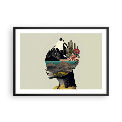 Poster in cornice nera - Collage di una donna con un paesaggio montano e fiori - 70x50cm - La donna è sempre un mistero - Decorazione murale moderna per soggiorno e camera da letto ARTTOR