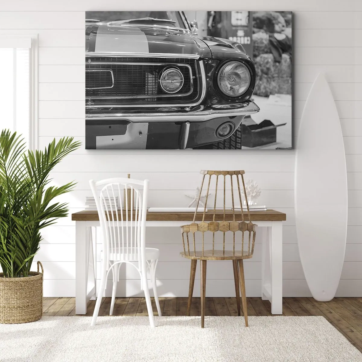Quadro su tela - Stampe su Tela - Cofano di un'auto classica in bianco e nero - 100x70cm - A rotta di collo - Decorazione murale moderna per soggiorno e camera da letto ARTTOR