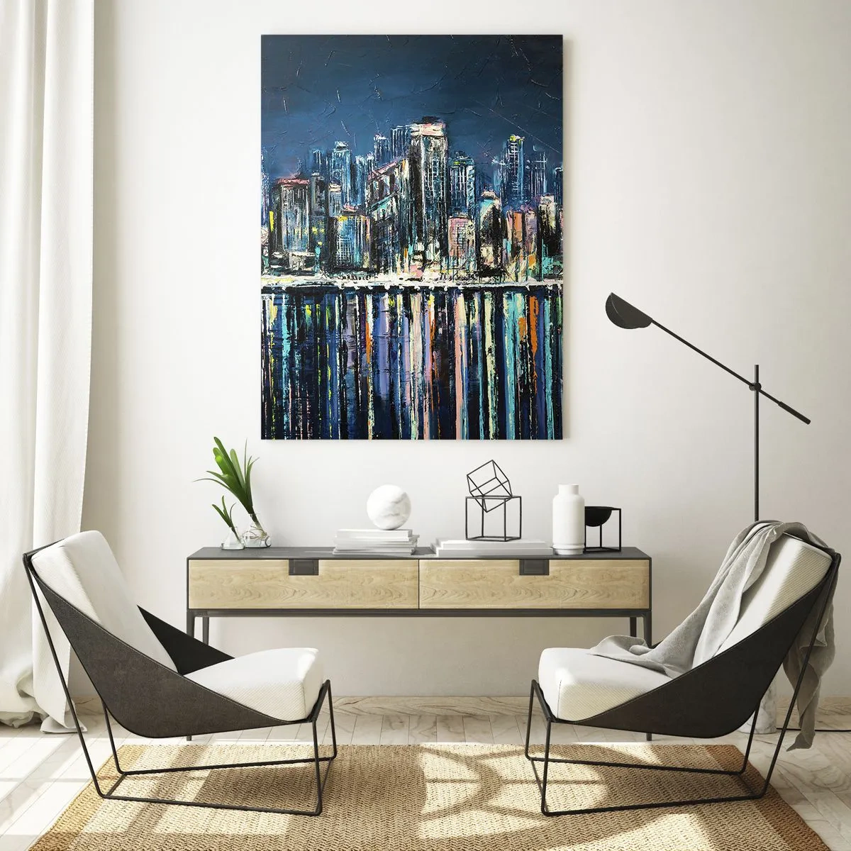 Quadro su vetro - Panorama della città di notte con le luci riflesse nell'acqua - 50x70cm - Cascata di luci - Decorazione murale moderna per soggiorno e camera da letto ARTTOR