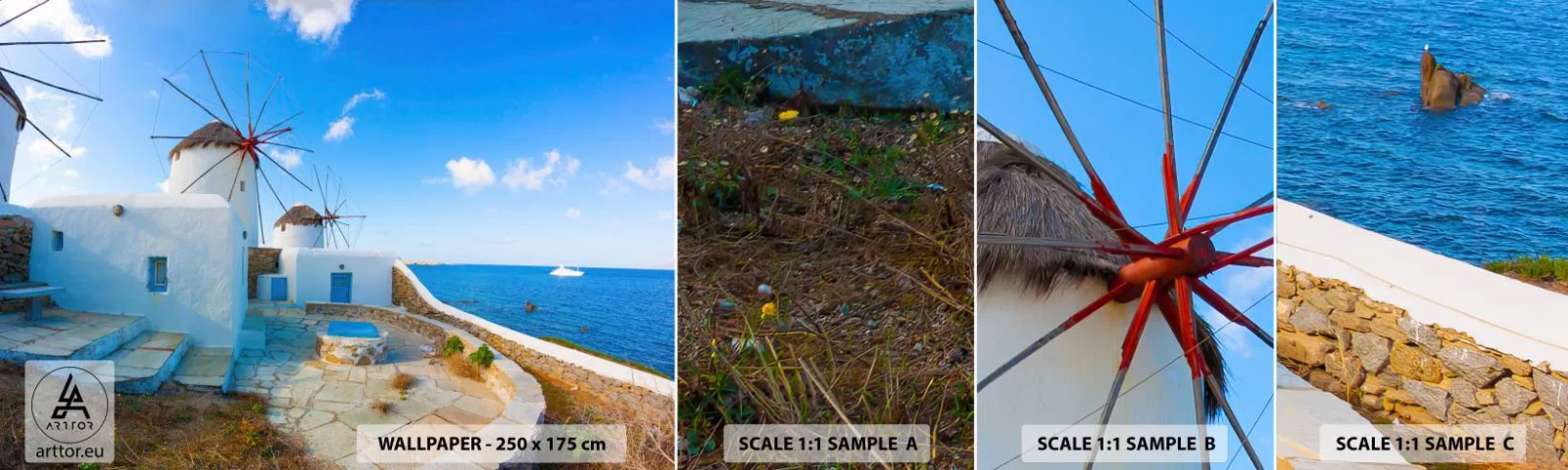 Campione Di Fotomurale Standard Eco - Vento azzurro sul mare - Architettura, Paesaggio, Grecia - 100x30 cm