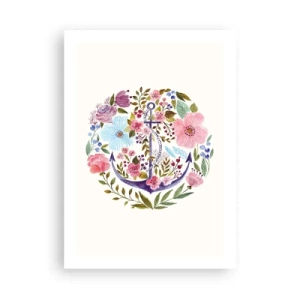Poster - Un'ancora acquerellata circondata da fiori su uno sfondo chiaro. - 50x70cm - Il bel sogno del marinaio - Decorazione murale moderna per soggiorno e camera da letto ARTTOR