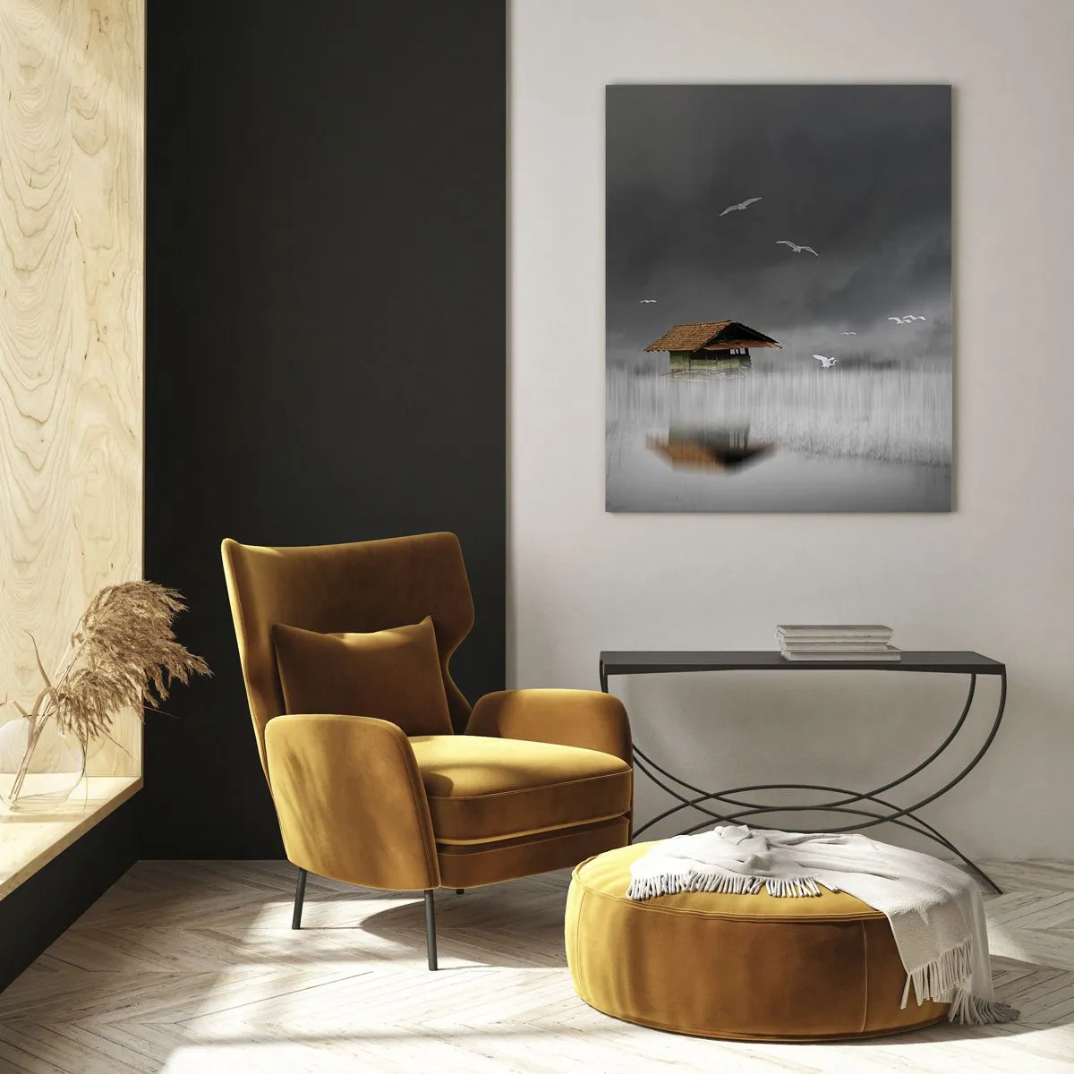 Quadro su vetro - Una casa sull'acqua nella nebbia con uccelli che volano - 50x70cm - Riparo dalla pioggia - Decorazione murale moderna per soggiorno e camera da letto ARTTOR