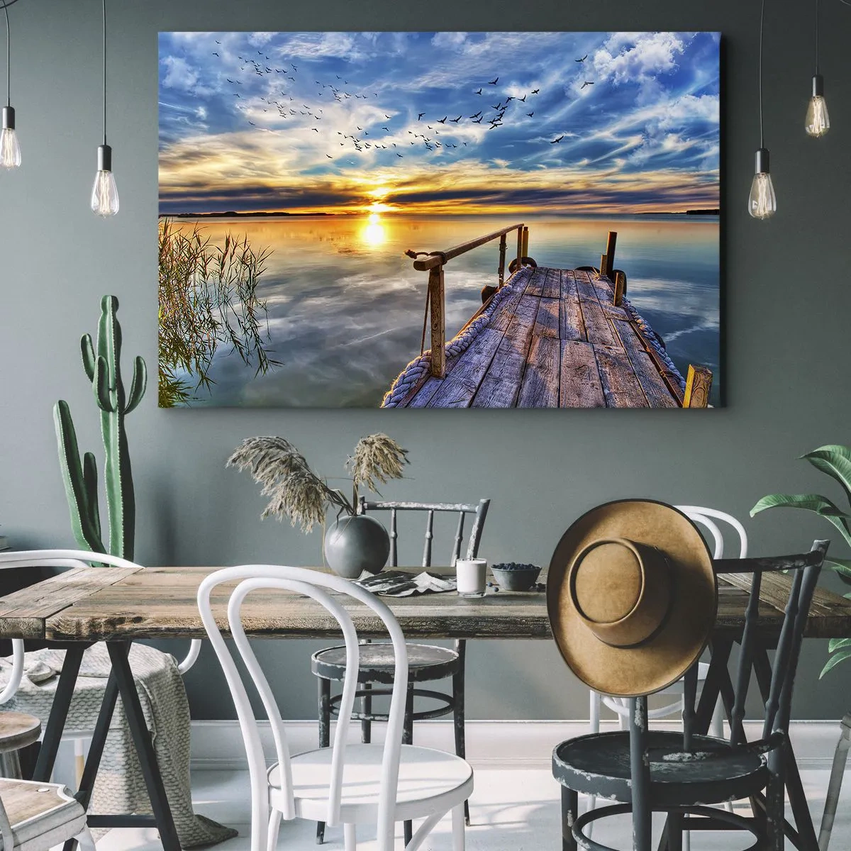 Quadro su tela - Stampe su Tela - Molo di legno sul lago al tramonto - 100x70cm - Il vento è andato a dormire - Decorazione murale moderna per soggiorno e camera da letto ARTTOR