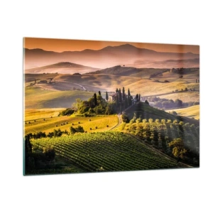 Quadro su vetro - Paesaggio toscano all'alba - 120x80cm - Arcadia: paesaggio toscano - Decorazione murale moderna per soggiorno e camera da letto ARTTOR