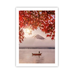 Poster - Monte Fuji con una barca su un lago e foglie autunnali - 50x70cm - Nell'atmosfera del Giappone - Decorazione murale moderna per soggiorno e camera da letto ARTTOR