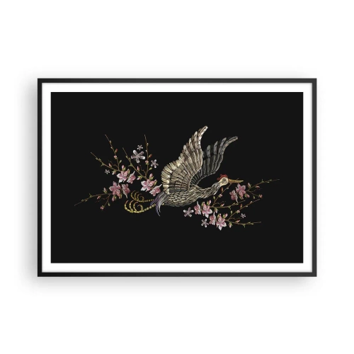 Poster in cornice nera - Un uccello in volo con fiori su sfondo nero - 100x70cm - Uccello esotico ricamato - Decorazione murale moderna per soggiorno e camera da letto ARTTOR